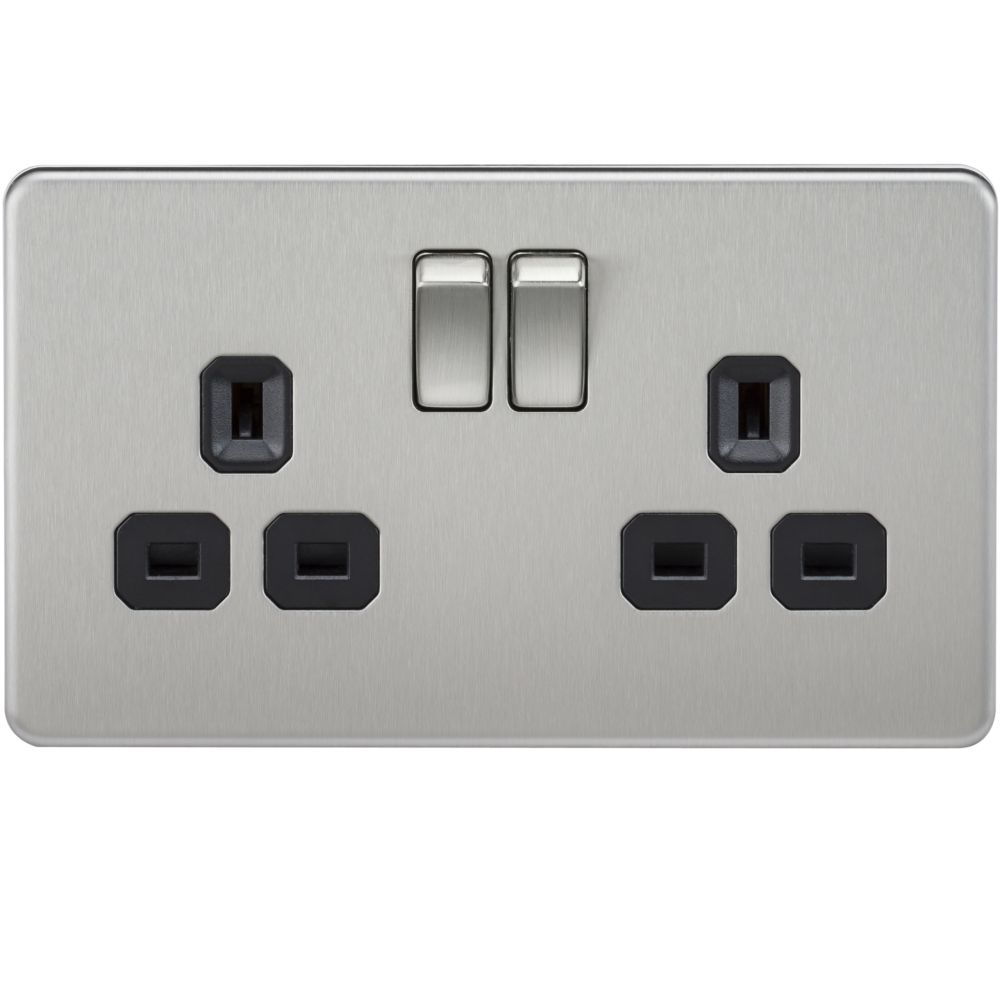 Screwless 13A 2 Gang Brushed Chrome Switched Socket - Black Insert