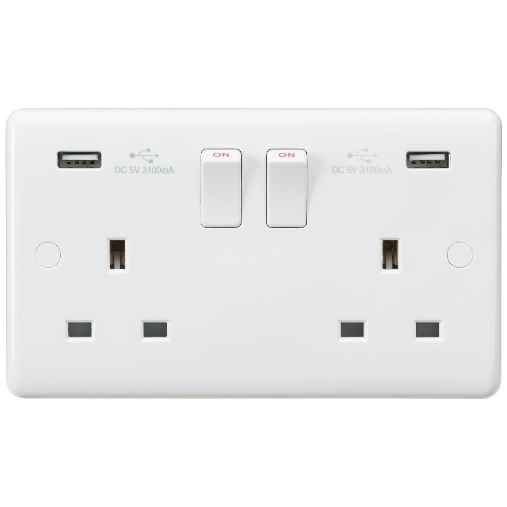 White Curved Double Switch Socket With 2x USB Charging Slots