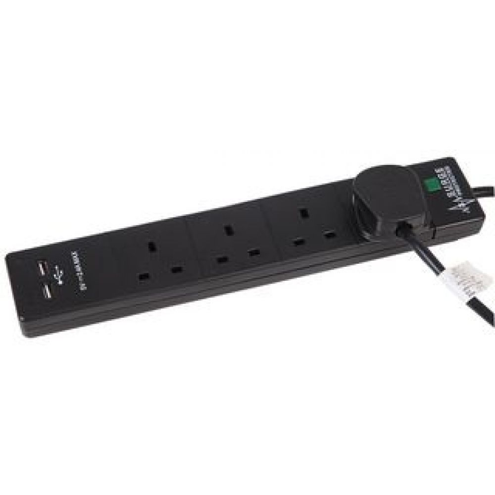 Black Surge Protected 4 Gang 2 Metre Extension Lead with 2 USB Ports