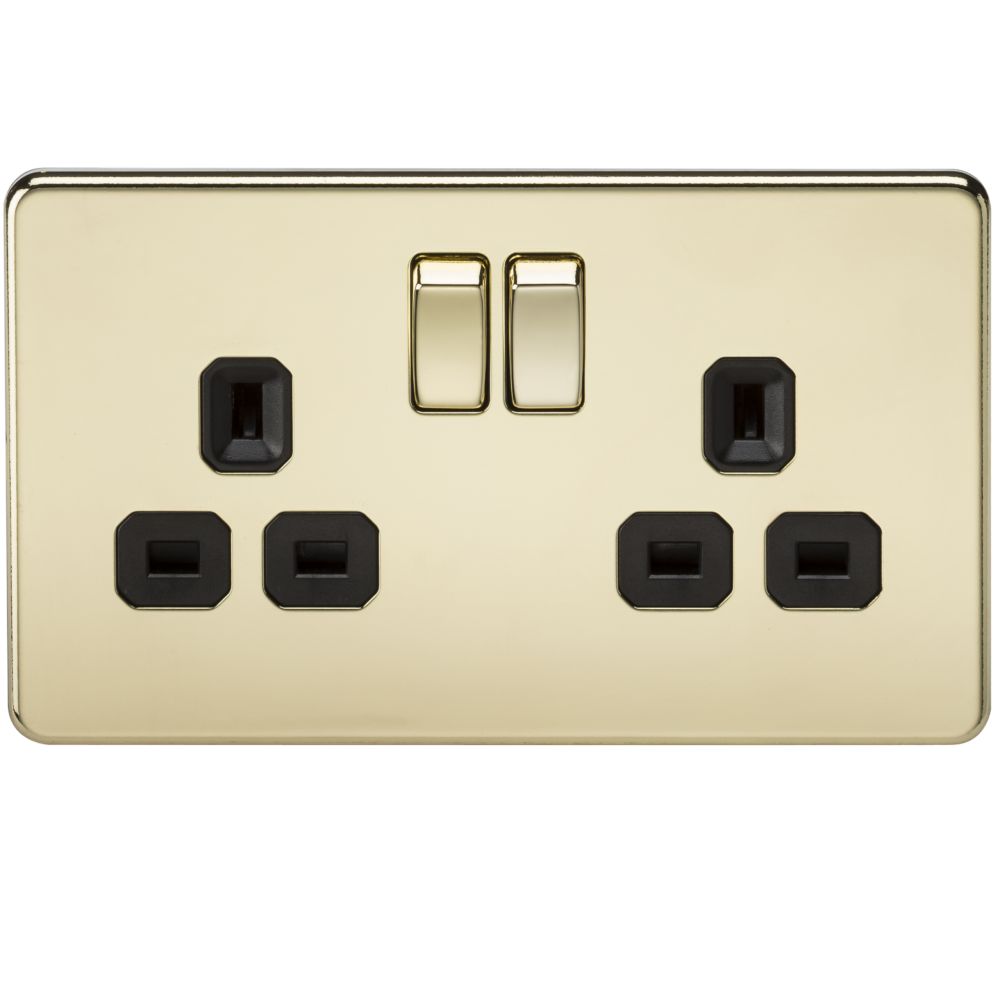 Screwless 13A 2 Gang Polished Brass Switched Socket - Black Insert