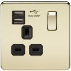 Screwless 1 Gang Polished Brass Switched Socket With Dual USB Charger - Black Insert
