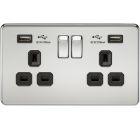 Screwless 13A 2 Gang Polished Chrome Switched Socket With Dual USB Charger - Black Insert