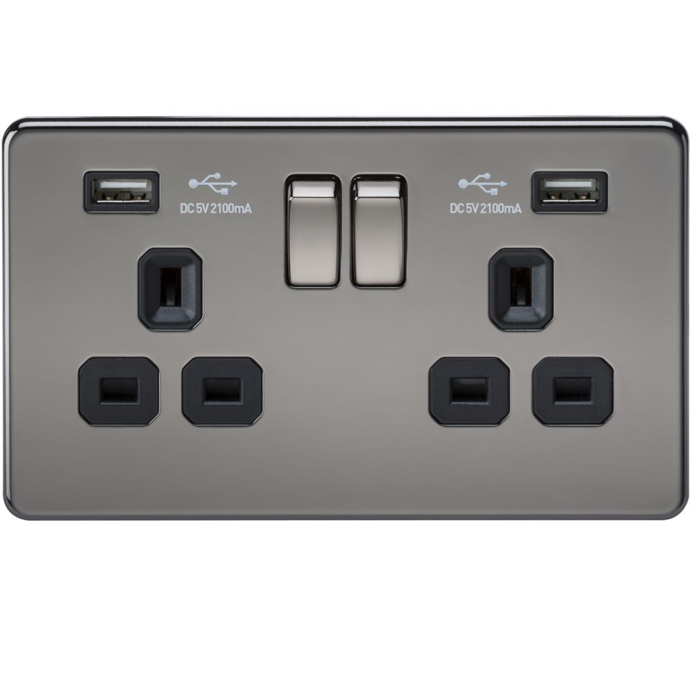 Screwless 13A 2 Gang Black Nickel Switched Socket With Dual USB Charger