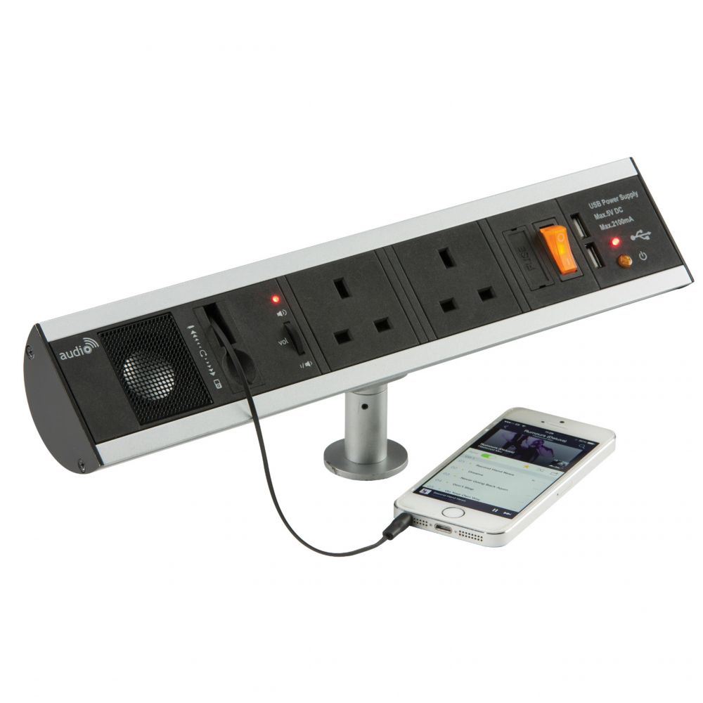 13amp 2 Gang Power Station With Built In Speaker & USB Charger