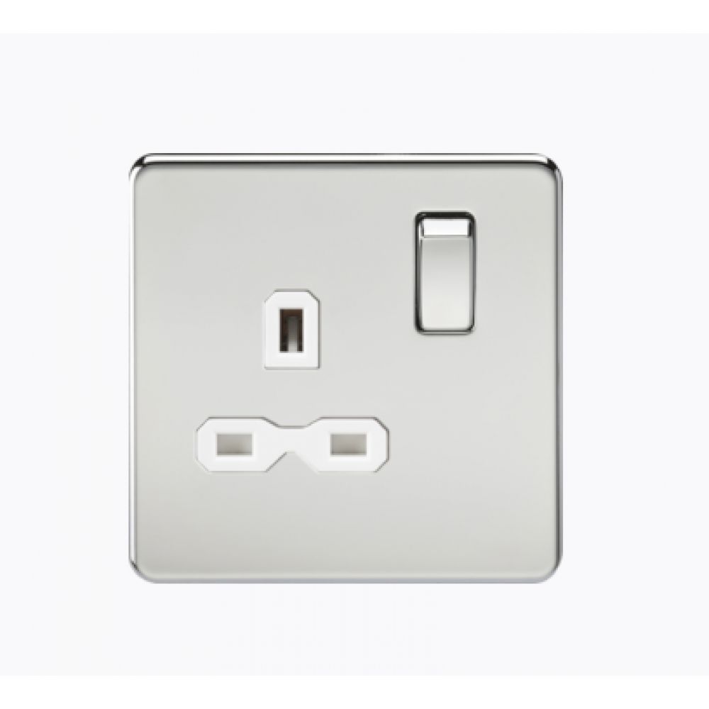 Screwless 13A 1 Gang Polished Chrome Switched Socket - White Insert
