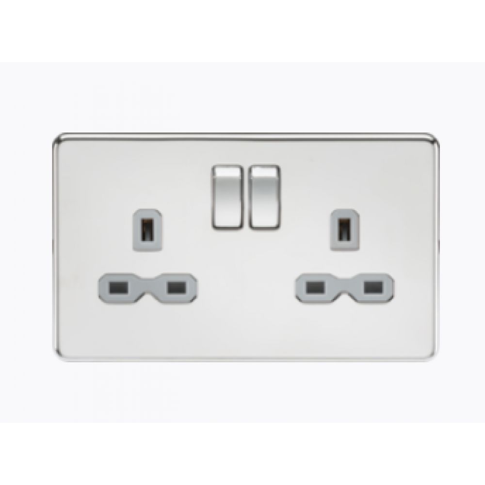 Screwless 13A 2 Gang Polished Chrome Switched Socket - Grey Insert
