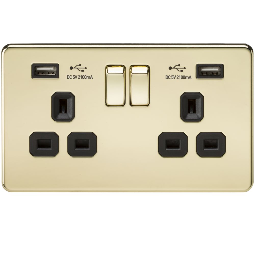 Screwless 13A 2 Gang Polished Brass Socket With Dual USB Charger - Black Insert