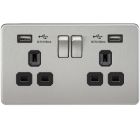 Screwless 13A 2 Gang Brushed Chrome Switched Socket With Dual USB Charger