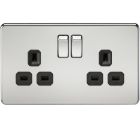 Screwless 13A 2 Gang Polished Chrome Switched Socket - Black Insert