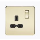 Screwless 13A 1 Gang Polished Brass Switched Socket - Black Insert