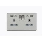 Screwless 13A 2 Gang Brushed Chrome Switched Socket With Dual USB Charger - Grey Insert