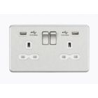 Screwless 13A 2 Gang Brushed Chrome Switched Socket With Dual USB Charger - White Insert