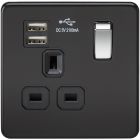 Screwless 13A 1 Gang Mat Black Switched Socket With Dual USB Charger - Chrome Rocker