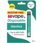 88Vape S19409 0mg Nicotine Menthol Flavour Disposable Vape Stick CDU 10 - Pack of 10x