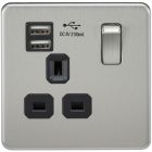 Screwless 1 Gang Brushed Chrome Switched Socket With Dual USB Charger - Black Insert