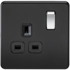 Screwless 13A 1 Gang Matt Black Switched Socket With Chrome Switch
