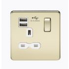 Screwless 13A 1 Gang Polished Brass Switched Socket With Dual USB Charger - White Insert