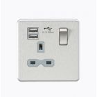 Screwless 1 Gang Brushed Chrome Switched Socket With Dual USB Charger - Grey Insert