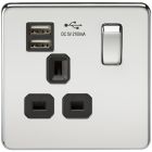 Screwless 1 Gang Polished Chrome Switched Socket With Dual USB Charger - Black Insert