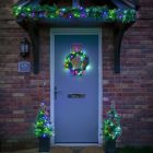 Outdoor Battery Powered Festive Garland, Wreath, 2 Potted Trees Christmas Door Set With Colour Changing LEDs