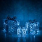 Three Festive Mixed Sized Cool White LED Light Up Christmas Gift Boxes With Silver Ribbon