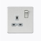 Screwless 13A 1 Gang Brushed Chrome Switched Socket - Grey Insert