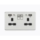 Screwless 13A 2 Gang Brushed Chrome Switched Socket With Dual USB Charger & LED Charge Indicators - Black Inserts