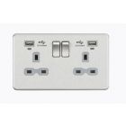 Screwless 13A 2 Gang Brushed Chrome Switched Socket With Dual USB Charger & LED Charge Indicators - Grey Inserts