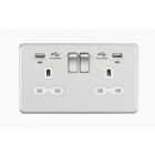 Screwless 13A 2 Gang Brushed Chrome Switched Socket With Dual USB Charger & LED Charge Indicators - White Inserts