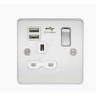 Screwless 13A 1 Gang Polished Chrome Switched Socket With Dual USB Charger - White Insert
