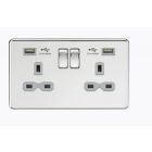 Screwless 13A 2 Gang Polished Chrome Switched Socket With Dual USB Charger - Grey Insert