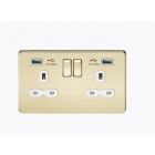 Screwless 13A 2 Gang Polished Brass Switched Socket With Dual USB Charger - White Insert