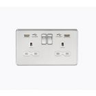 Screwless 13A 2 Gang Polished Chrome Switched Socket With Dual USB Charger - White Insert